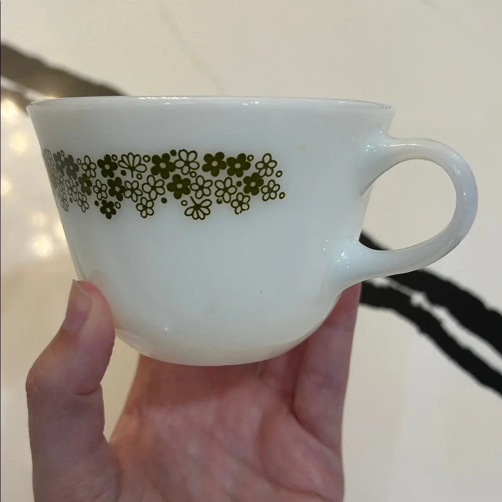 Vintage Pyrex Green Crazy Daisy Spring Blossom Milk Glass Coffee Cups Set of 3